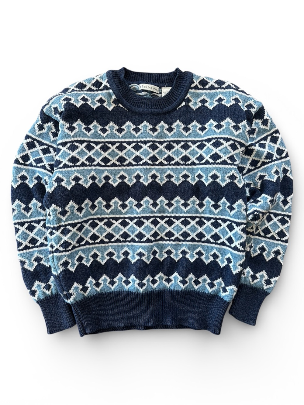 Vintage Claiborne Navy and Light Blue Geometric Cotton Crewneck Sweater Sz Small